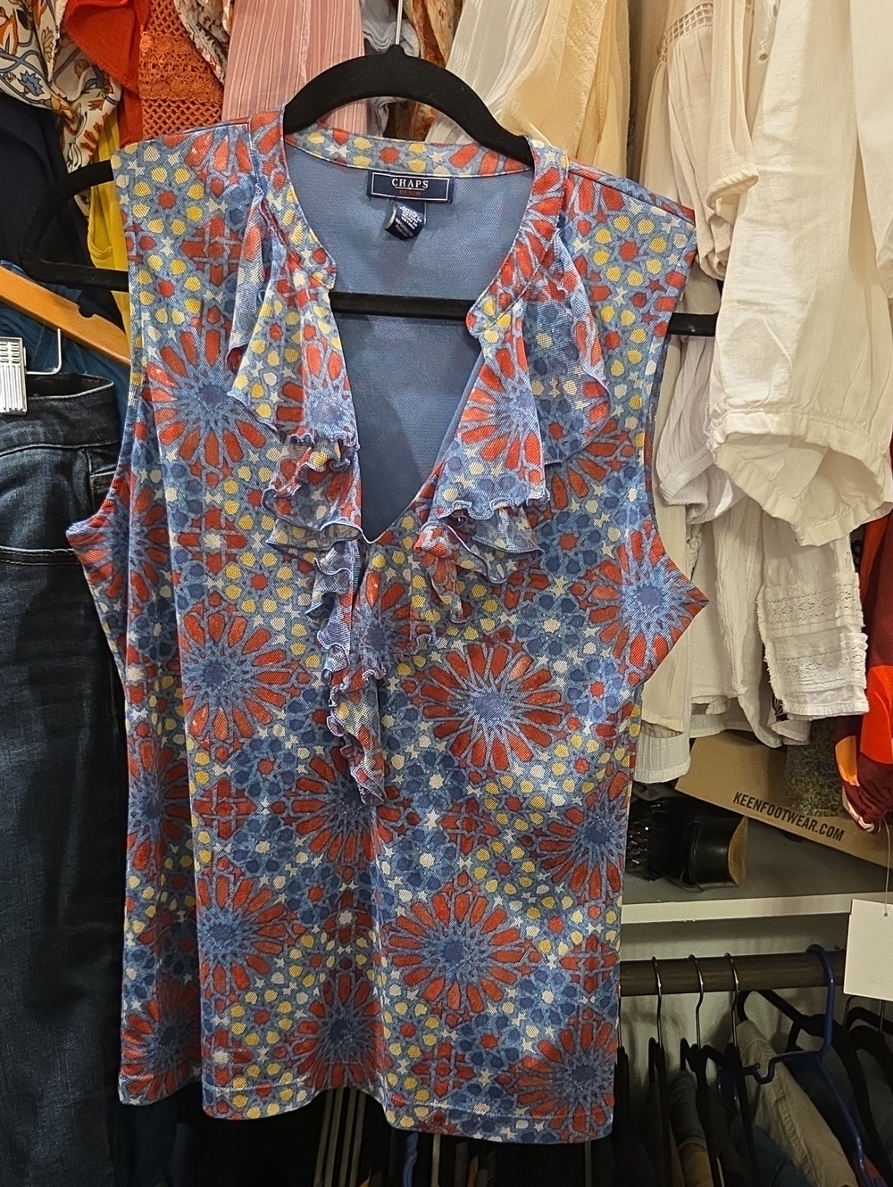 Chaps Floral Ruffle V-Neck Sleeveless Top in Blue, Red and Yellow